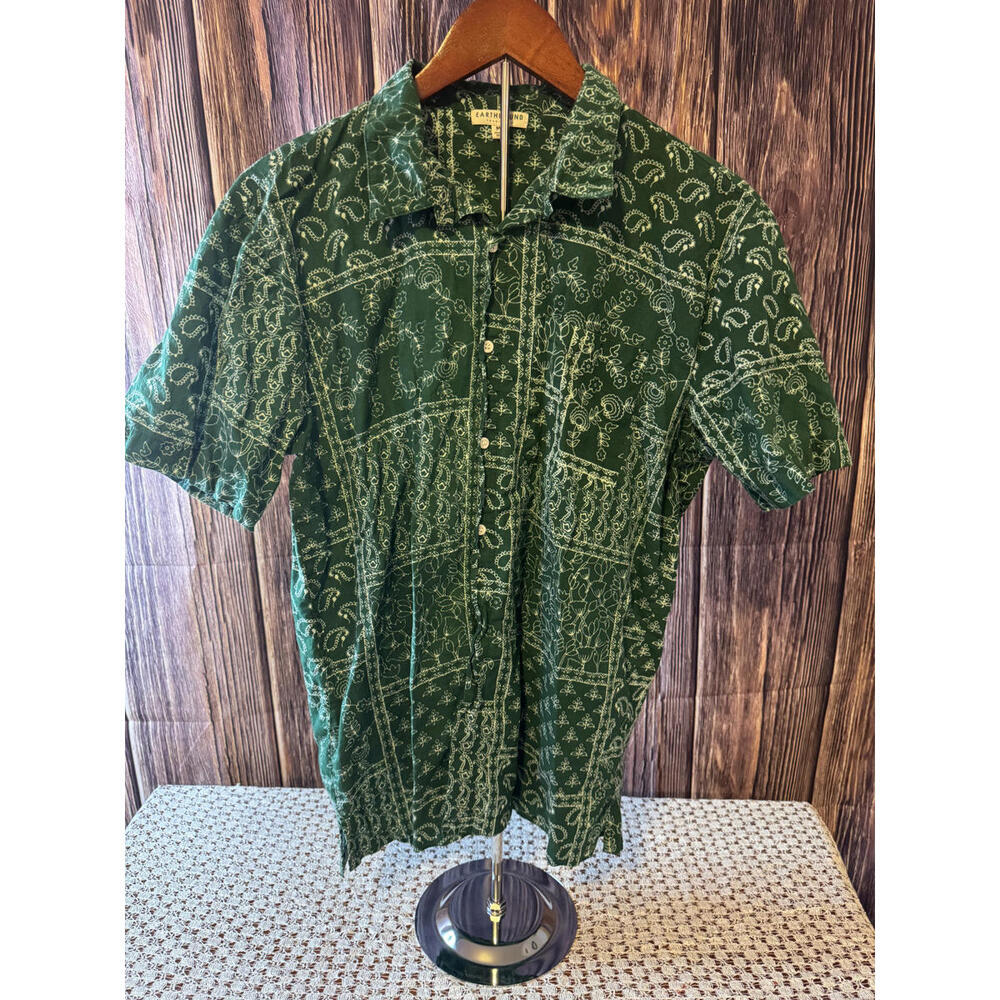 Earthbound Trading‎ Co. Men's Green Patchwork Print Short Sleeve Shirt Medium